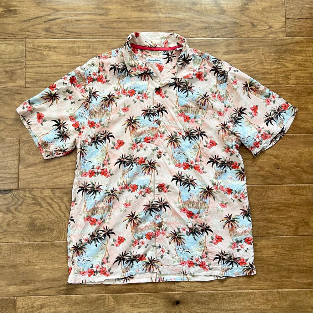 Tommy Bahama Greetings From Florida Silk Camp Shirt Men's Size L Pink Flamingo